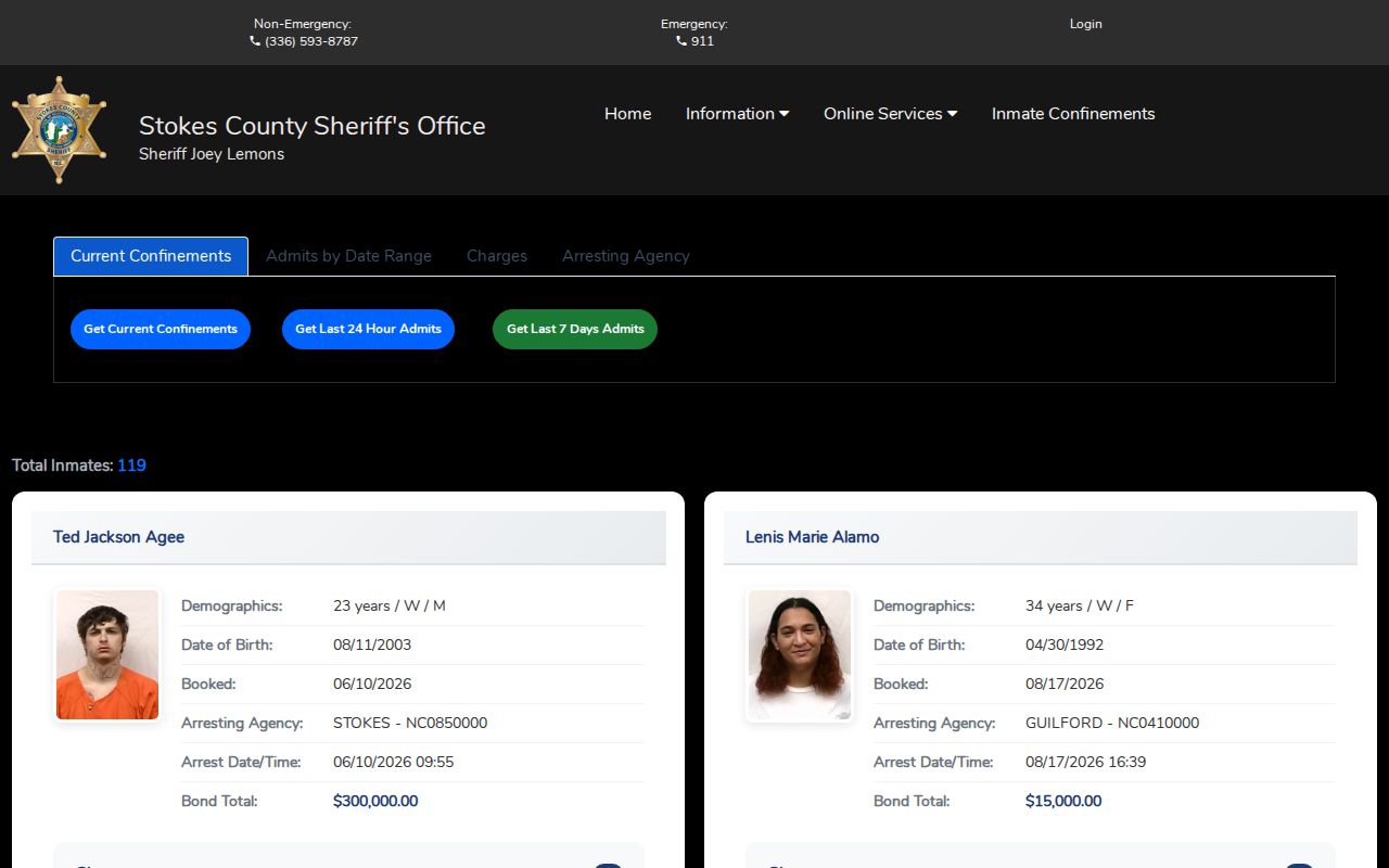 Stokes County Citizen Connect booking search interface